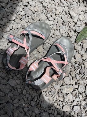 Chaco Gray Sandals with Pink Tread Accents